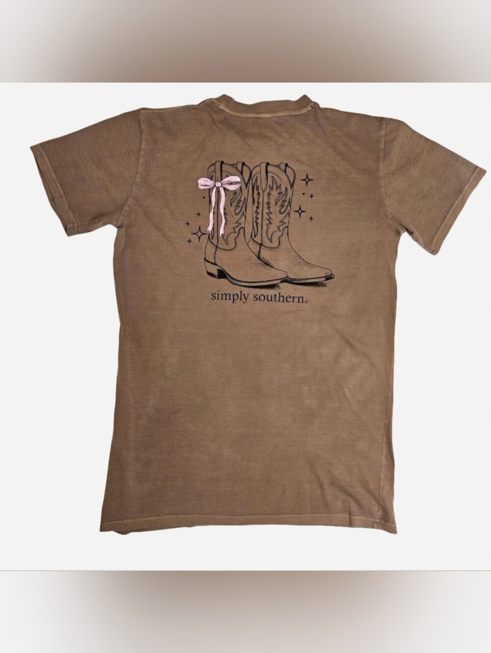 Simply Southern brown t-shirt with graphic of cowboy boots with pink bow & stars